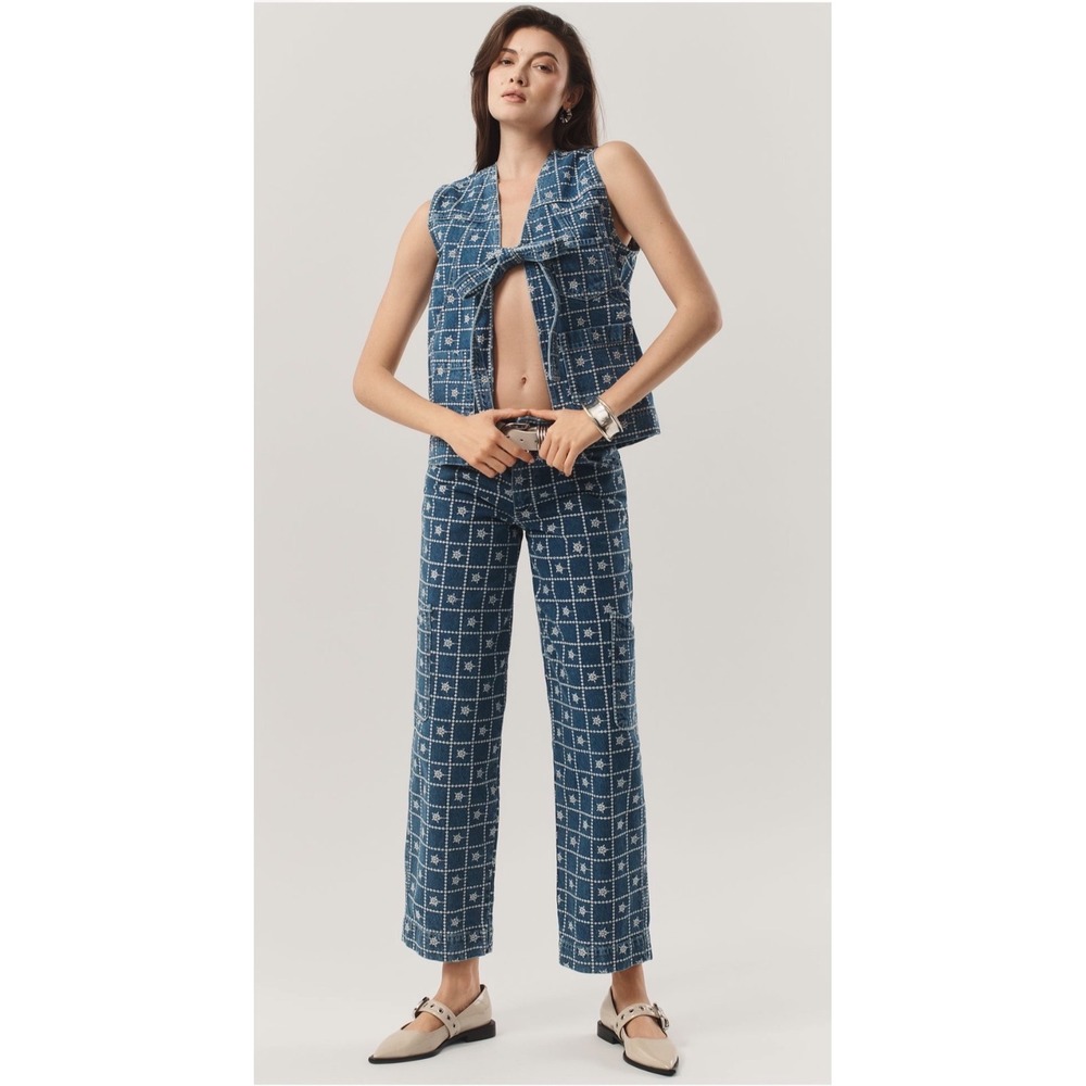 Anthropologie x Damson Madder Drew Embroidered Cargo Jeans Blue Star Cotton US 6